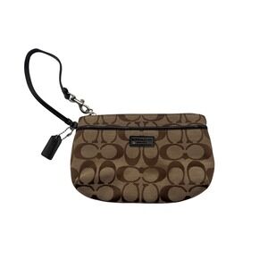Coach Signature Wristlet Brown Canvas Leather Trim Small Handbag Purse